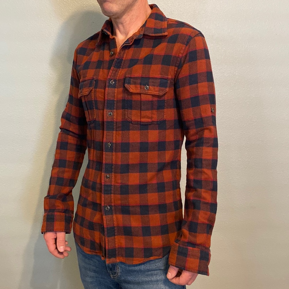 Club Monaco Maroon and Navy Slim Fit Flannel Shirt